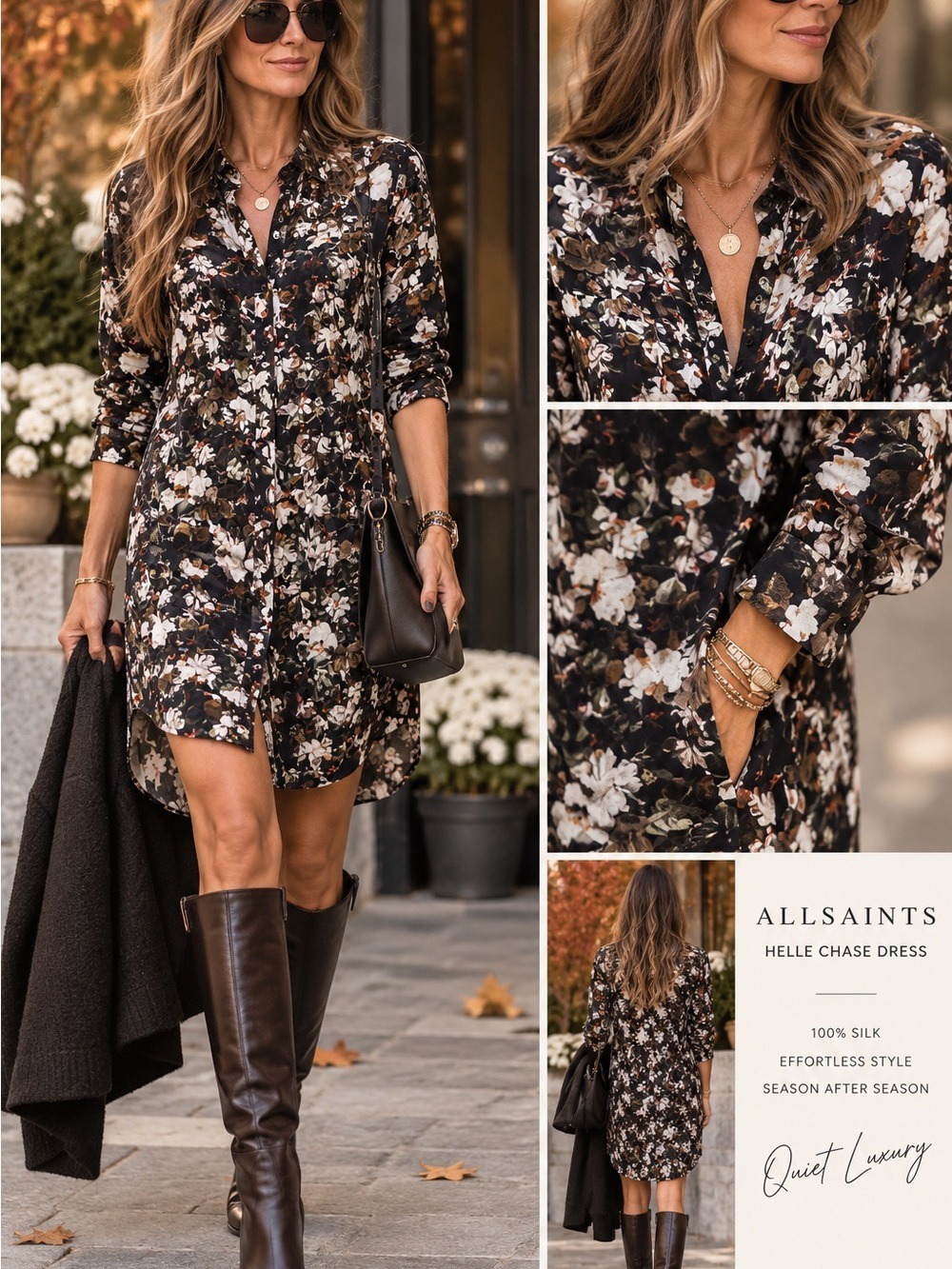 AllSaints Helle Chase 100% Silk Floral Oversized Shirt Dress